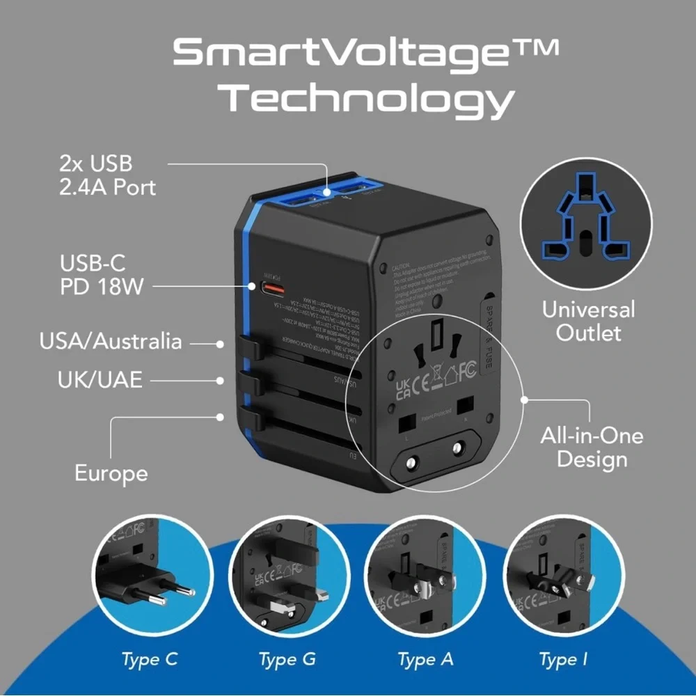 Universal Travel Adapter -Powerful Fast Charging - 2 USB hard case included